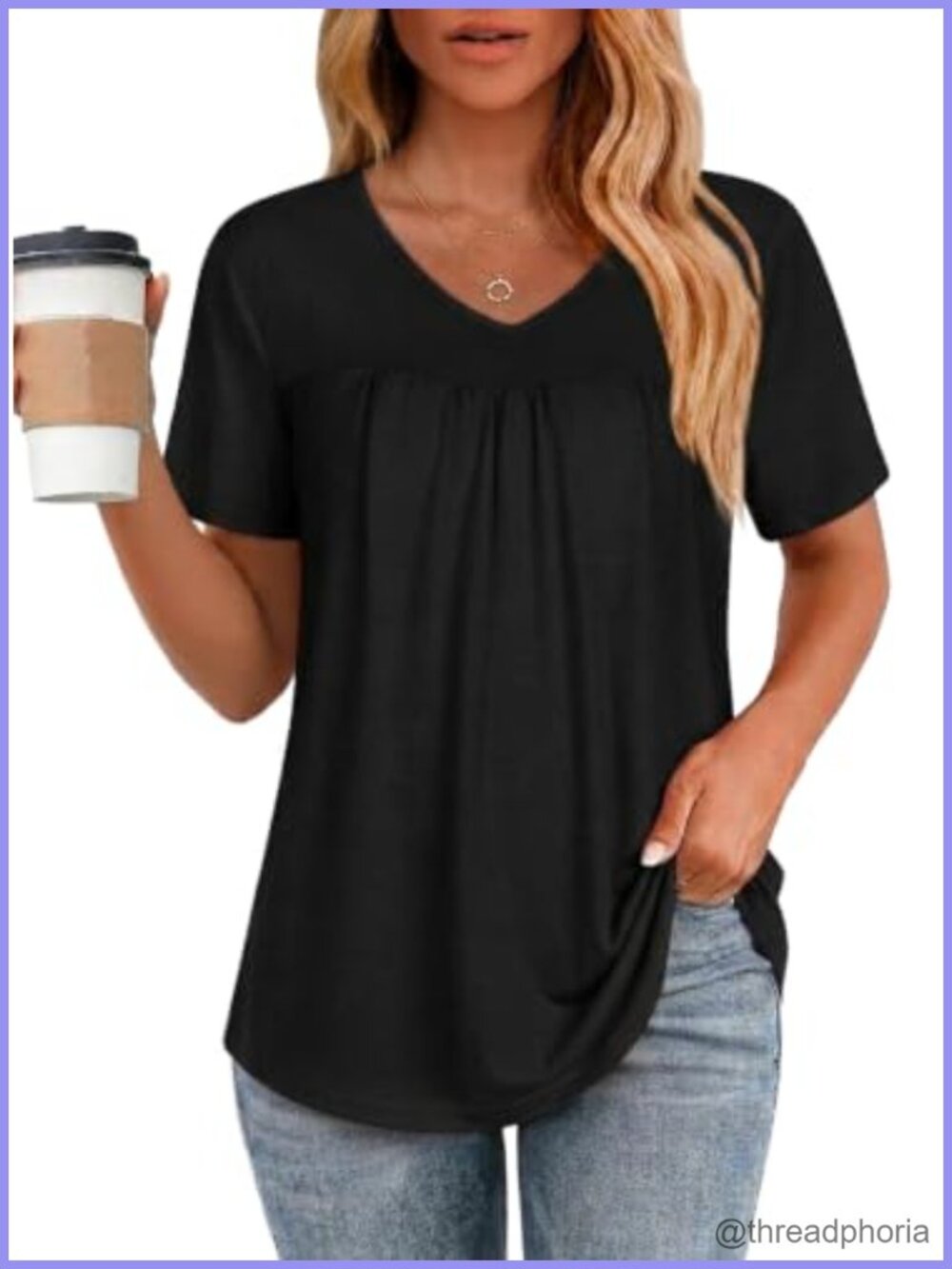 Womens Short Sleeve V Neck Pleated Flowy Tunic Top Blouse